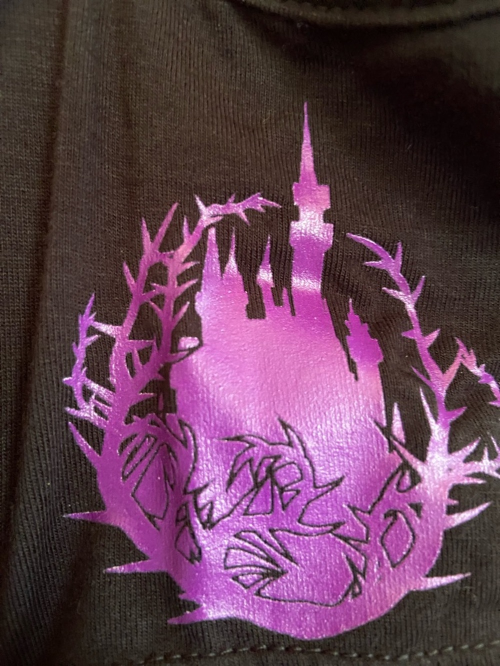 🏷️ Disney Maleficent Black Cold Shoulder Dress w/Purple Hem & Maleficent Image - Picture 6 of 8